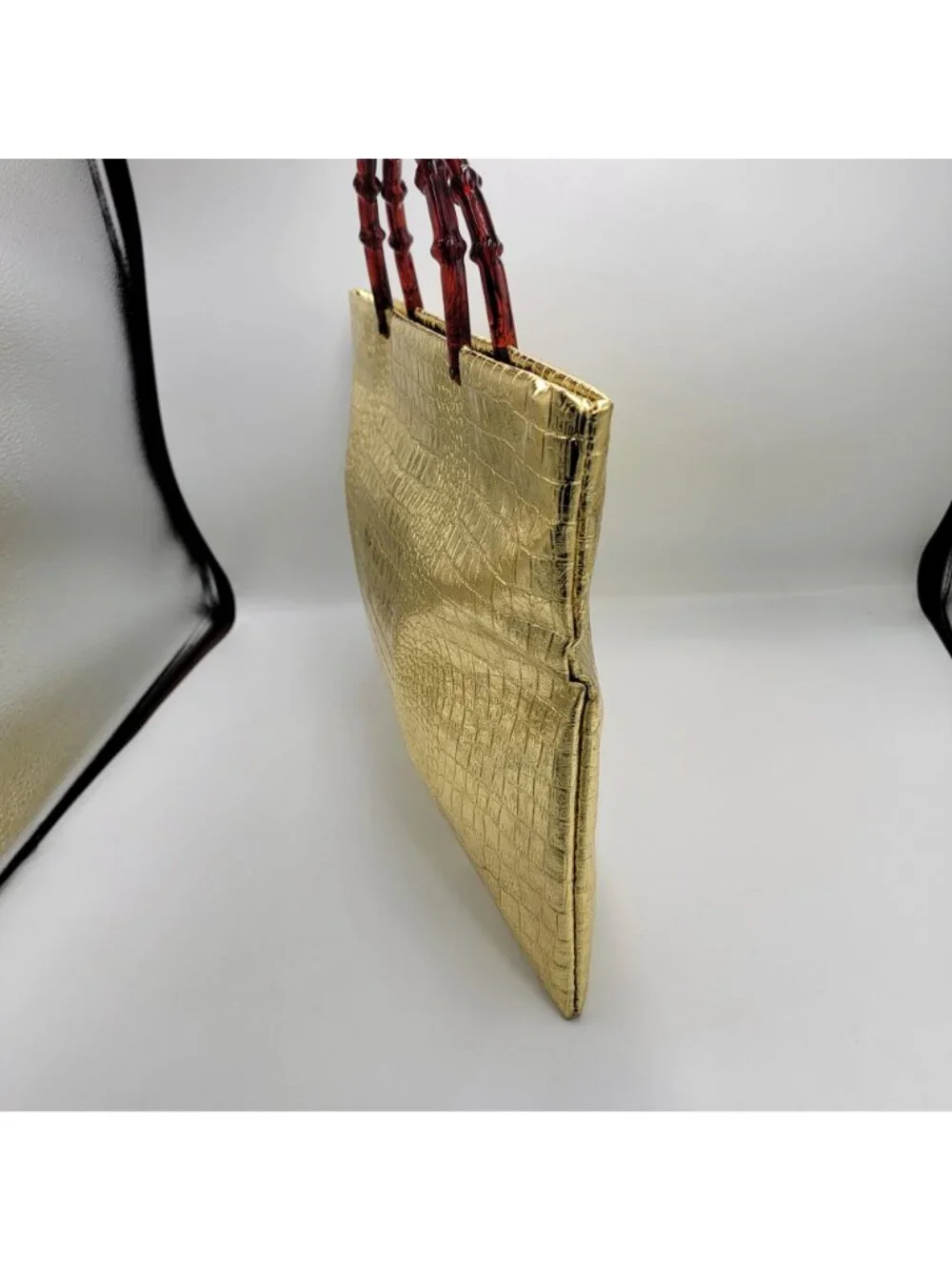Vintage 80s 90s Mob Wife Gold Crocodile Handbag/Tote with Lucite Handles